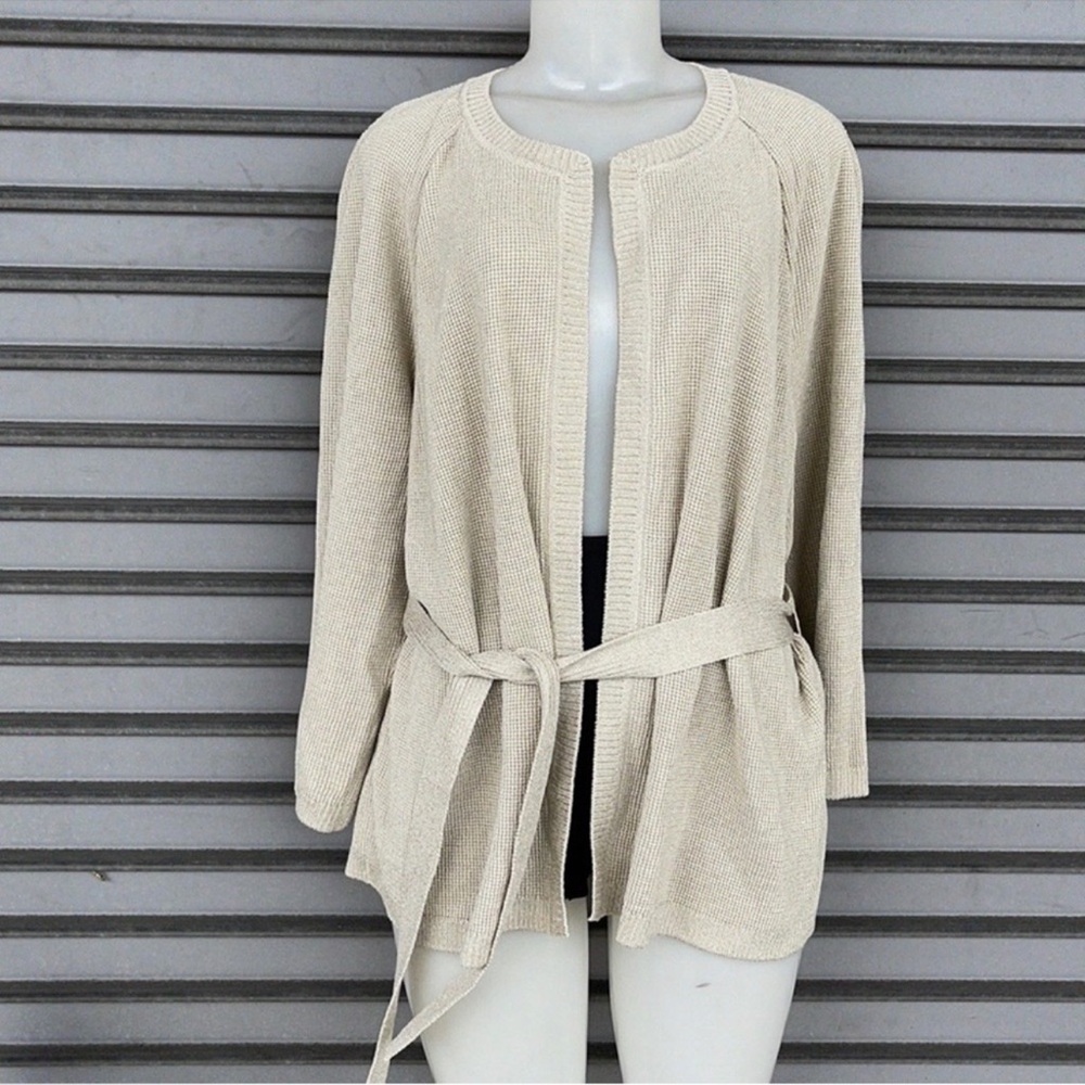 St. John Collection Beige Metallic Shimmer Belted Knit Cardigan Plus XL